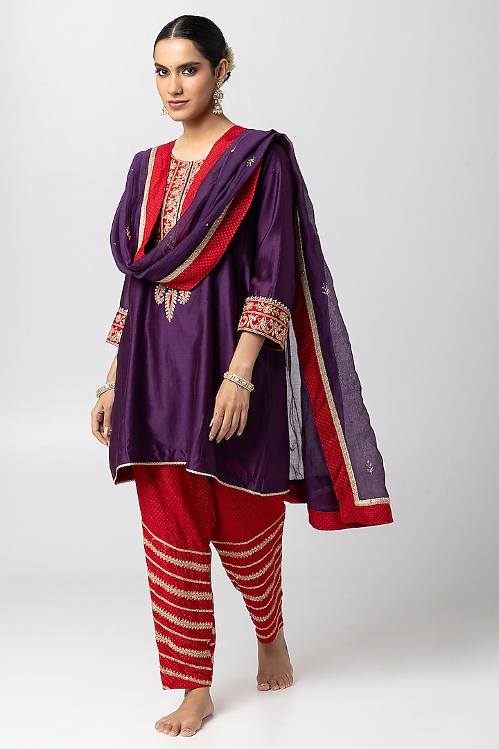 Purple Silk Chanderi Hand & Machine Embroidered Kurta Set by Pants and Pajamas