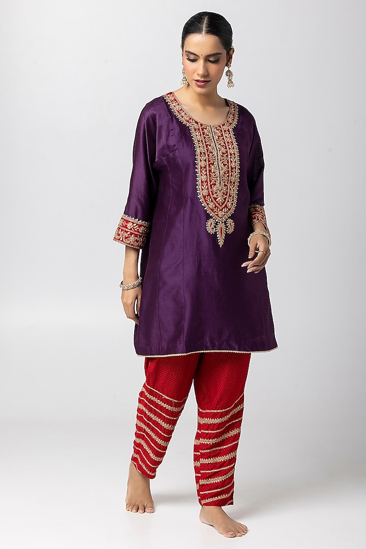 Purple Silk Chanderi Hand & Machine Embroidered Kurta Set by Pants and Pajamas at Pernia's Pop Up Shop