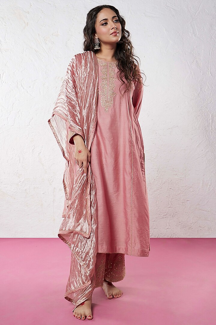 Blush Pink Chanderi Hand & Machine Embroidered Kurta by Pants and Pajamas