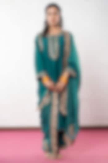 Teal Chanderi Hand & Machine Embroidered Kurta Set by Pants and Pajamas at Pernia's Pop Up Shop