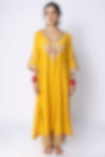 Mustard Chanderi Hand & Machine Embroidered Kaftan Set by Pants and Pajamas at Pernia's Pop Up Shop