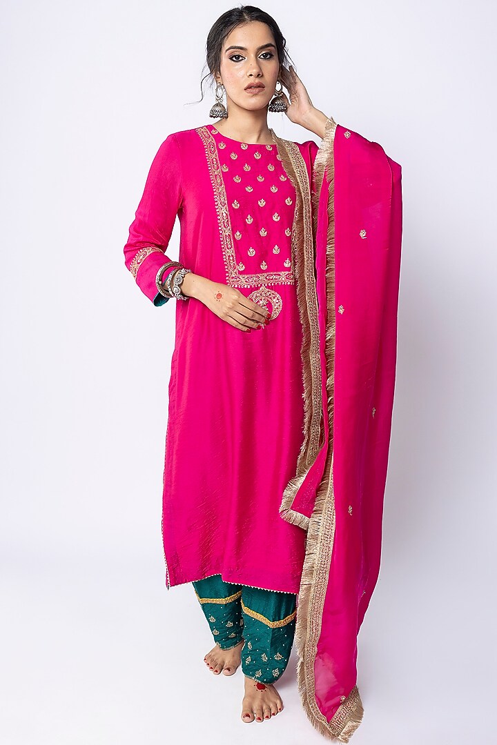 Rani Pink Chanderi Hand & Machine Embroidered Kurta by Pants and Pajamas at Pernia's Pop Up Shop