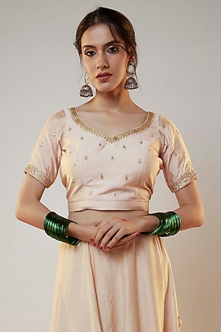 Beige Chanderi Hand & Machine Embroidered Blouse by Pants and Pajamas