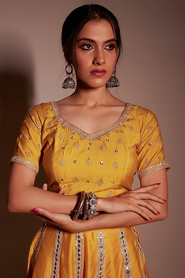 Mustard Chanderi Hand & Machine Embroidered Blouse by Pants and Pajamas