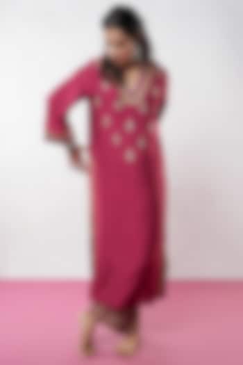 Dark Berry Chanderi Hand & Machine Embroidered Kurta by Pants and Pajamas at Pernia's Pop Up Shop