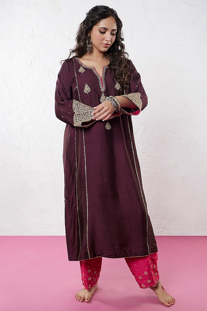 Dark Brown Chanderi Hand & Machine Embroidered Kurta by Pants and Pajamas