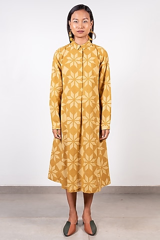 Mustard Ajrakh Printed Dress by Paon
