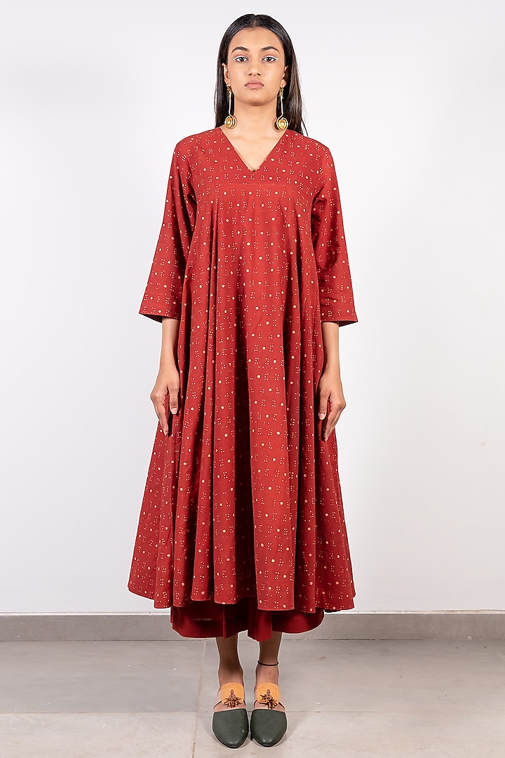 Maroon Cotton Printed Dress by Paon