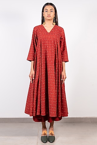 Maroon Cotton Printed Dress by Paon