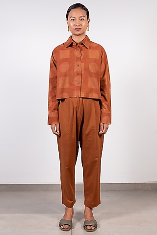 Brown Printed  Crop Shirt by Paon