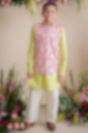 Multi-Coloured Cotton Satin Printed Bundi Jacket With Kurta Set For Boys by pa:paa