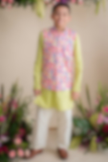 Multi-Coloured Cotton Satin Printed Bundi Jacket With Kurta Set For Boys by PAPAA