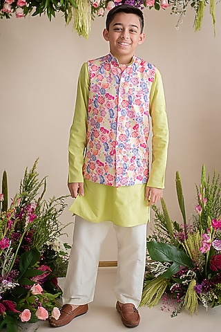 Multi-Coloured Cotton Satin Printed Bundi Jacket With Kurta Set For Boys by pa:paa