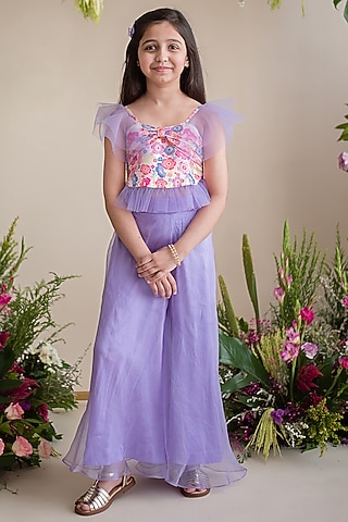 Lavender Organza Palazzo Pant Set For Girls by pa:paa