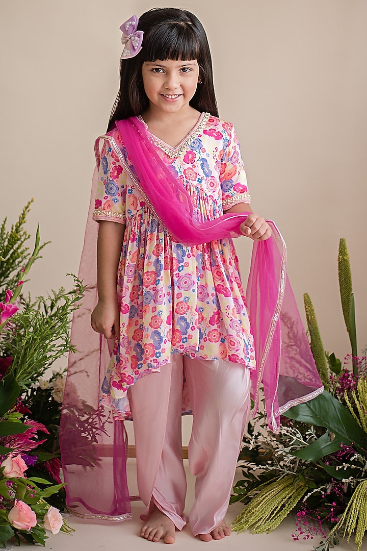 Pink Cotton Satin Printed Kurta Set For Girls by pa:paa