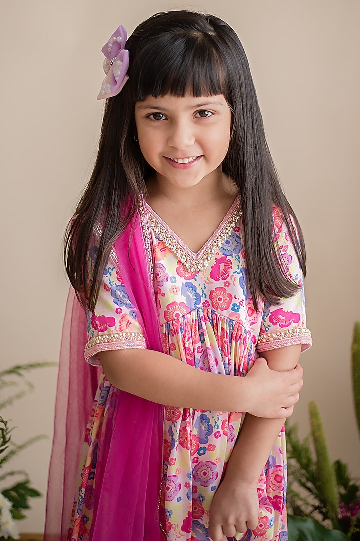 Pink Cotton Satin Printed Kurta Set For Girls by pa:paa at Pernia's Pop Up Shop