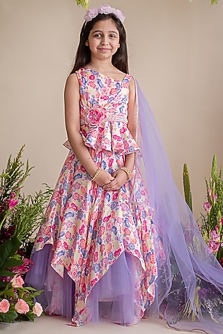 Multi-Coloured Cotton Satin Asymmetric Lehenga Set For Girls by pa:paa