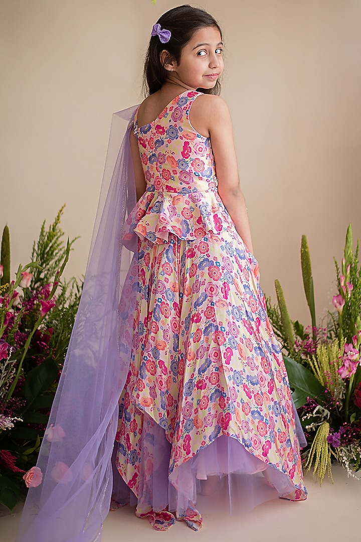 Multi-Coloured Cotton Satin Asymmetric Lehenga Set For Girls by pa:paa at Pernia's Pop Up Shop