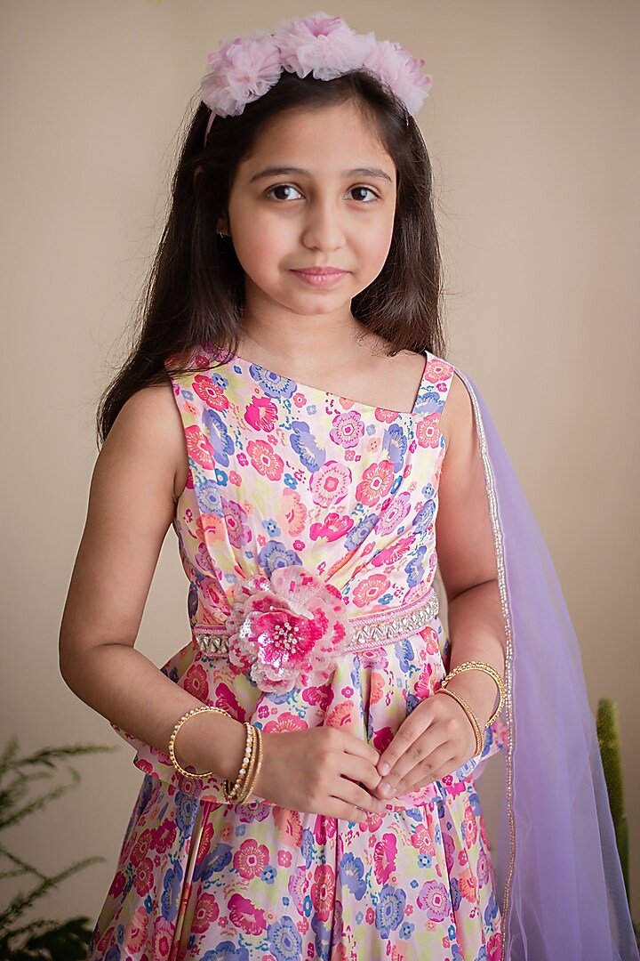 Multi-Coloured Cotton Satin Asymmetric Lehenga Set For Girls by pa:paa at Pernia's Pop Up Shop