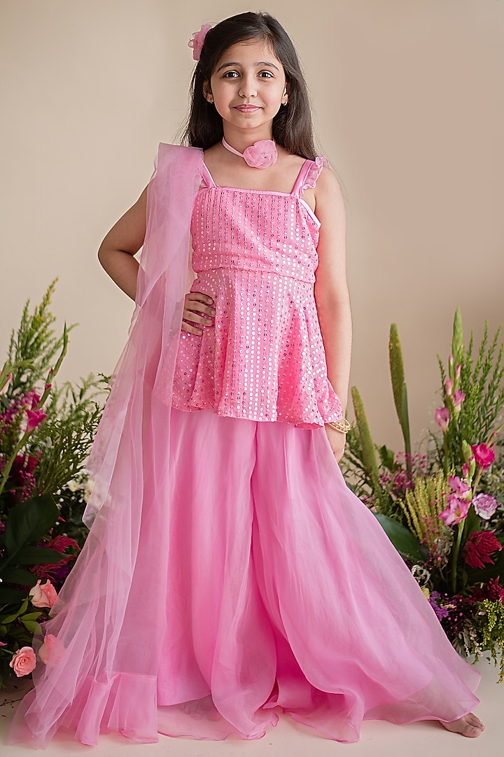 Pink Georgette Sequins Embroidered Kurta Set For Girls by pa:paa at Pernia's Pop Up Shop