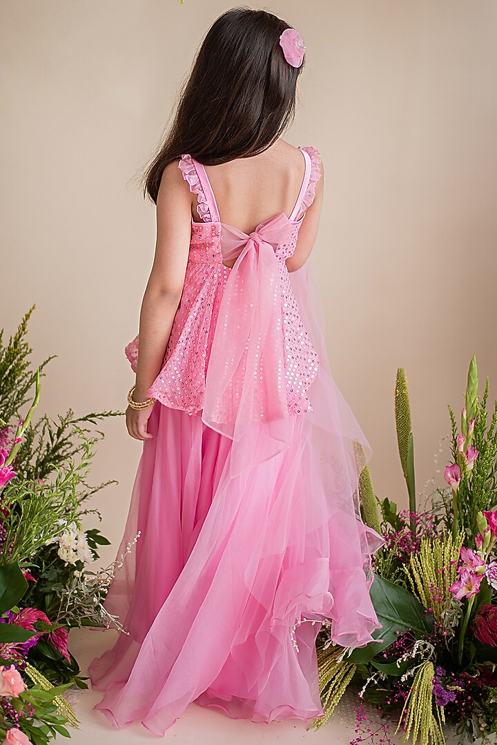 Pink Georgette Sequins Embroidered Kurta Set For Girls by pa:paa at Pernia's Pop Up Shop