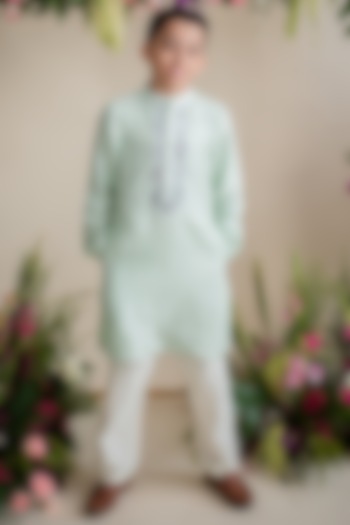 Sea Green Silk Embroidered Kurta Set For Boys by pa:paa