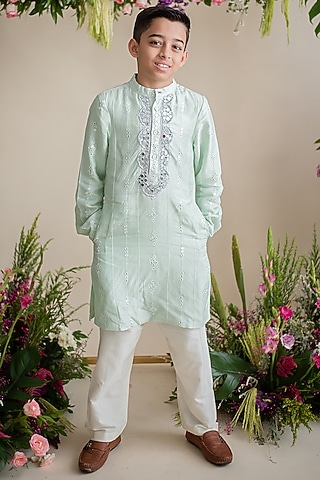 Sea Green Silk Embroidered Kurta Set For Boys by pa:paa