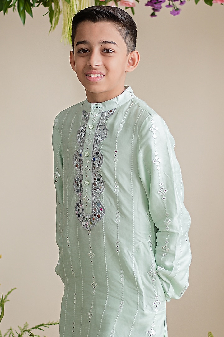 Sea Green Silk Embroidered Kurta Set For Boys by pa:paa at Pernia's Pop Up Shop