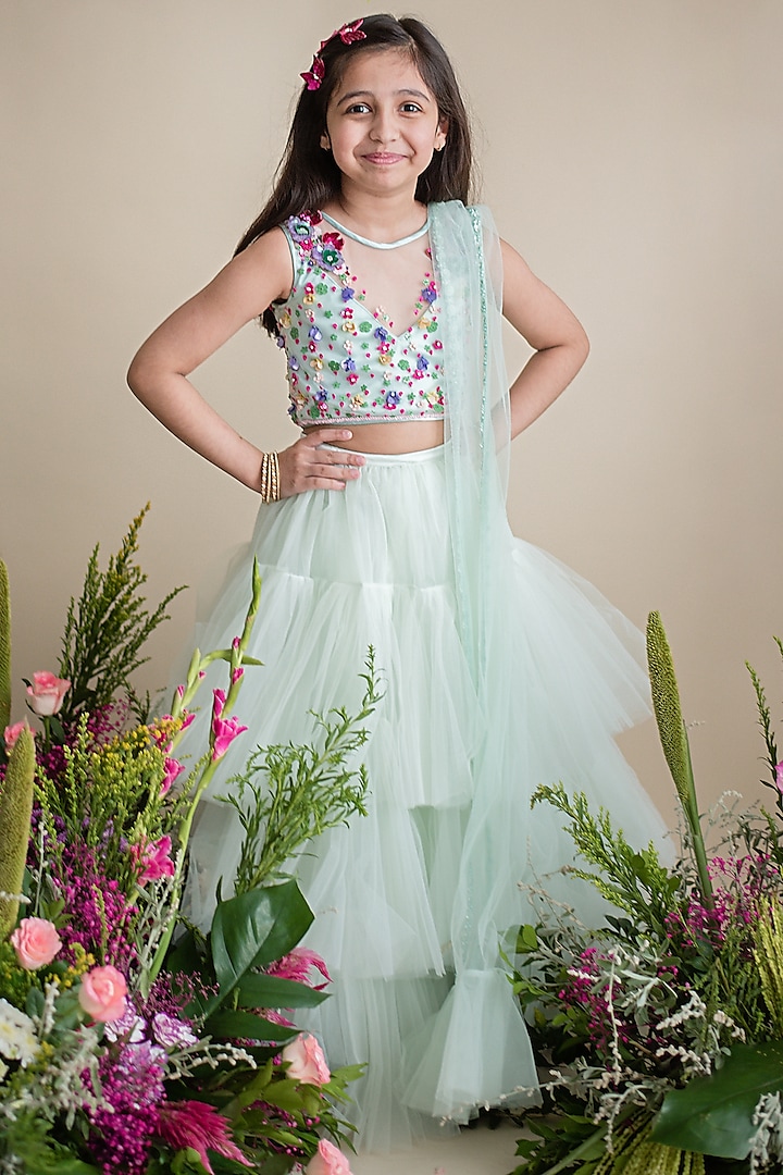 Sea Green Tulle Layered Lehenga Set For Girls by pa:paa