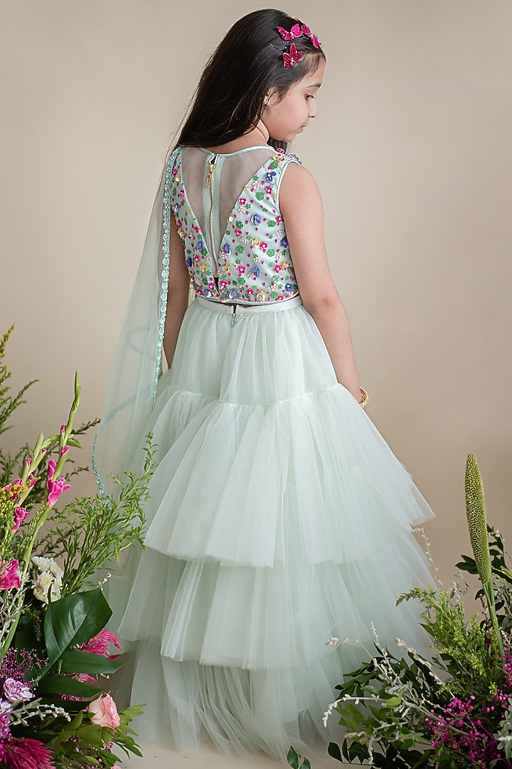 Sea Green Tulle Layered Lehenga Set For Girls by pa:paa at Pernia's Pop Up Shop