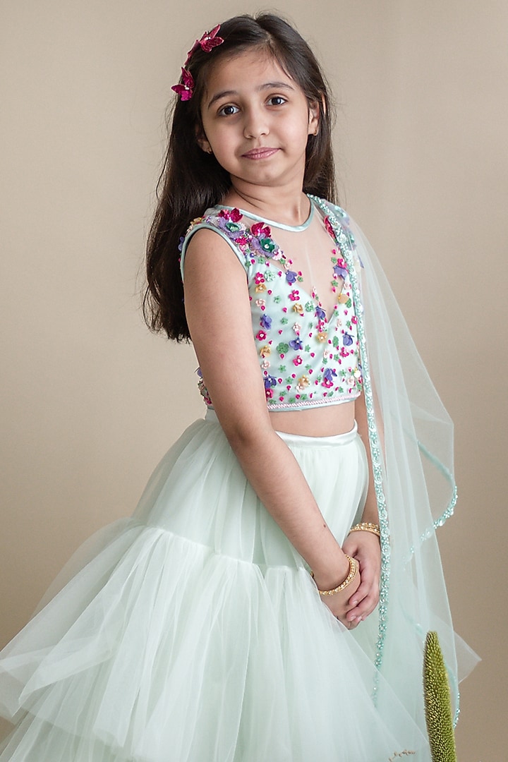 Sea Green Tulle Layered Lehenga Set For Girls by pa:paa at Pernia's Pop Up Shop