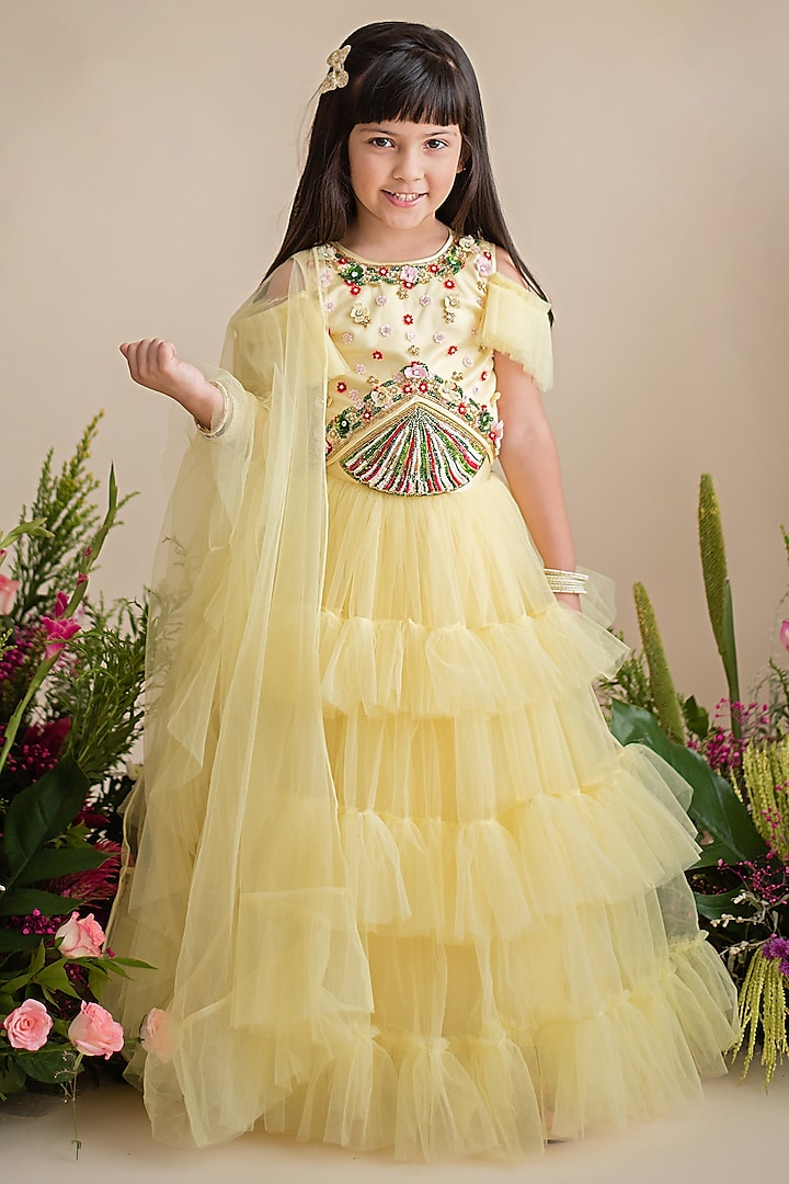 Yellow Soft Tulle Lehenga Set For Girls by pa:paa