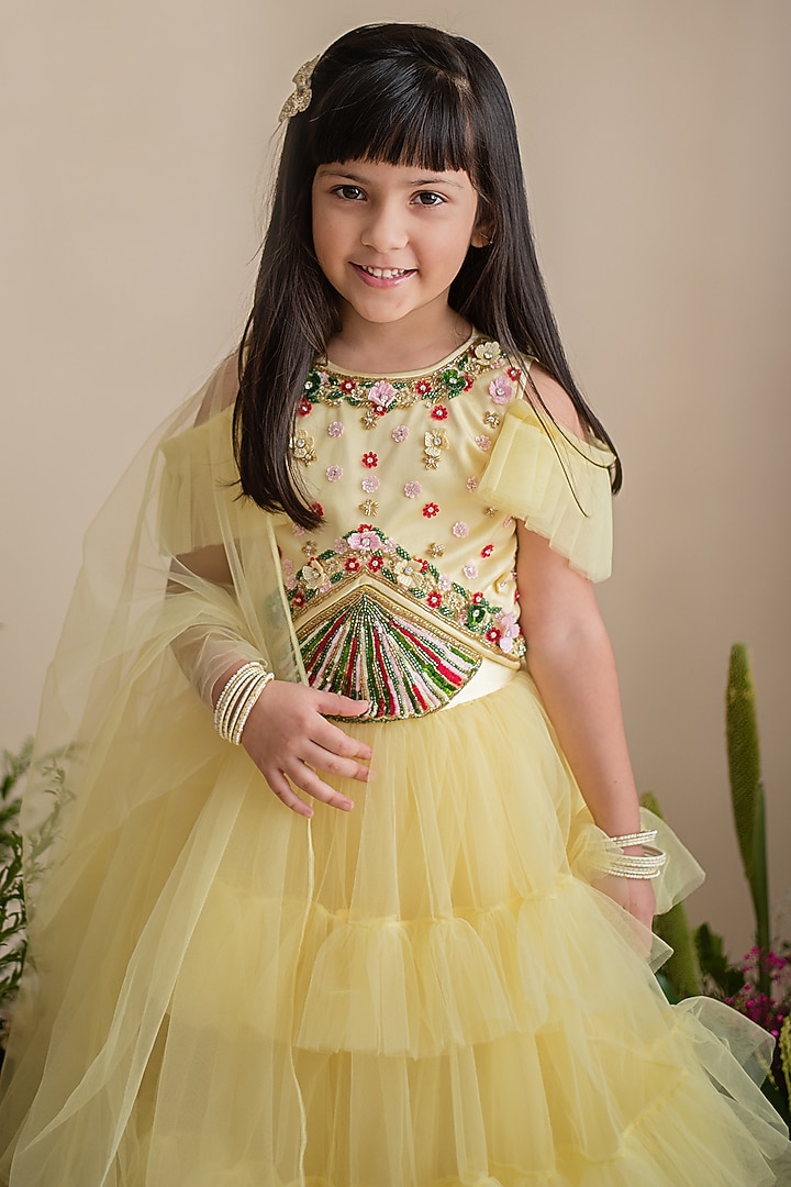Yellow Soft Tulle Lehenga Set For Girls by pa:paa at Pernia's Pop Up Shop