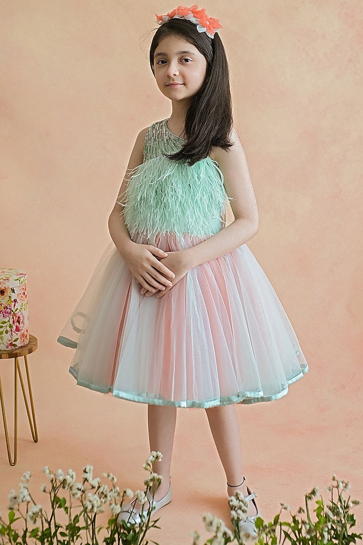 Sea Green & Coral Embroidered Dress For Girls by pa:paa
