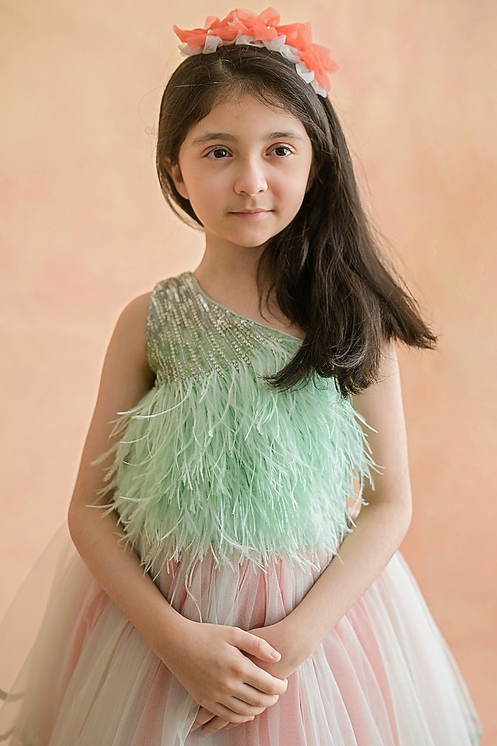 Sea Green & Coral Embroidered Dress For Girls by pa:paa at Pernia's Pop Up Shop