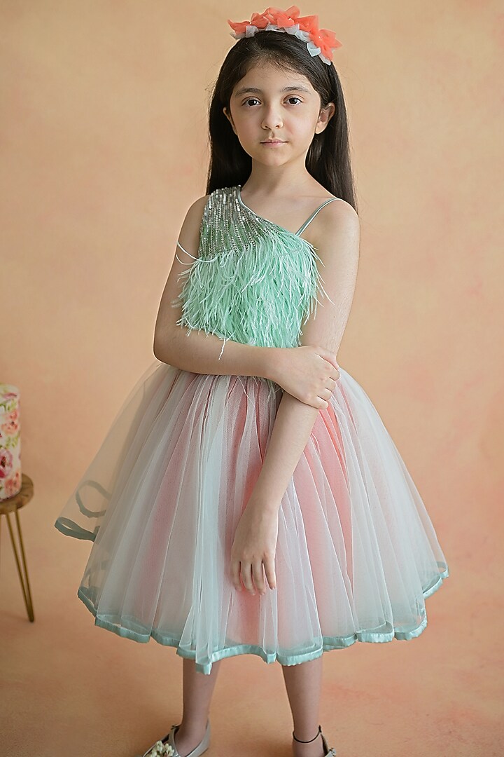 Sea Green & Coral Embroidered Dress For Girls by pa:paa at Pernia's Pop Up Shop