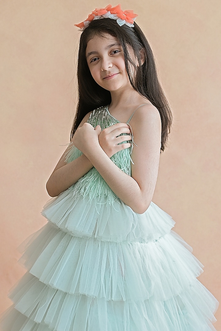 Sea Green Embroidered Dress For Girls by pa:paa at Pernia's Pop Up Shop