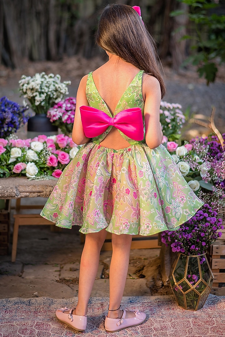 Green Organza Printed & Embroidered Dress For Girls by pa:paa at Pernia's Pop Up Shop