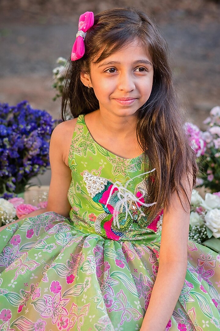 Green Organza Printed & Embroidered Dress For Girls by pa:paa at Pernia's Pop Up Shop