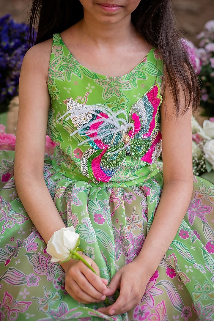 Green Organza Printed & Embroidered Dress For Girls by pa:paa at Pernia's Pop Up Shop