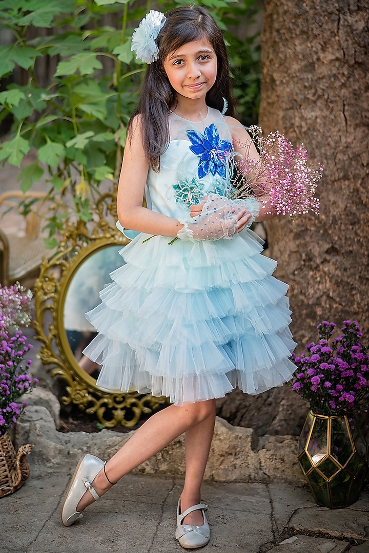 Blue Tulle Embroidered Layered Dress For Girls by pa:paa