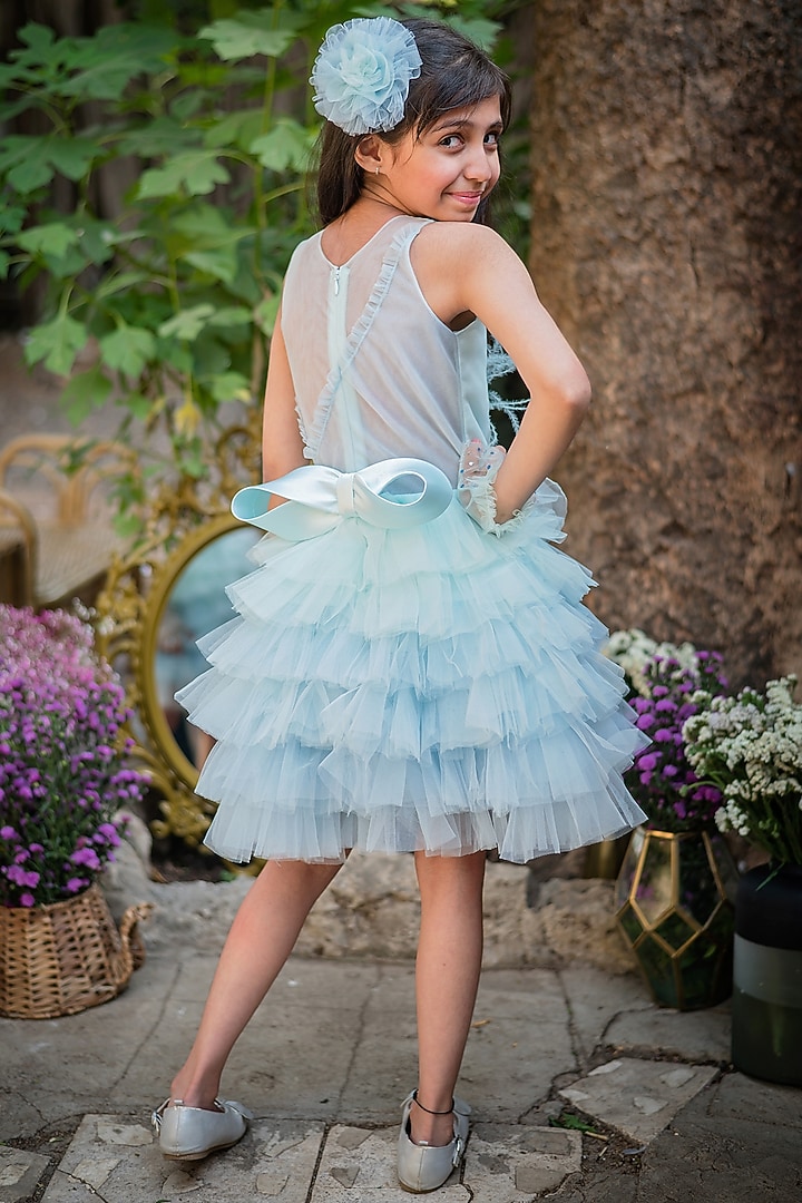 Blue Tulle Embroidered Layered Dress For Girls by pa:paa at Pernia's Pop Up Shop