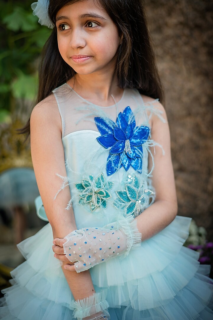 Blue Tulle Embroidered Layered Dress For Girls by pa:paa at Pernia's Pop Up Shop