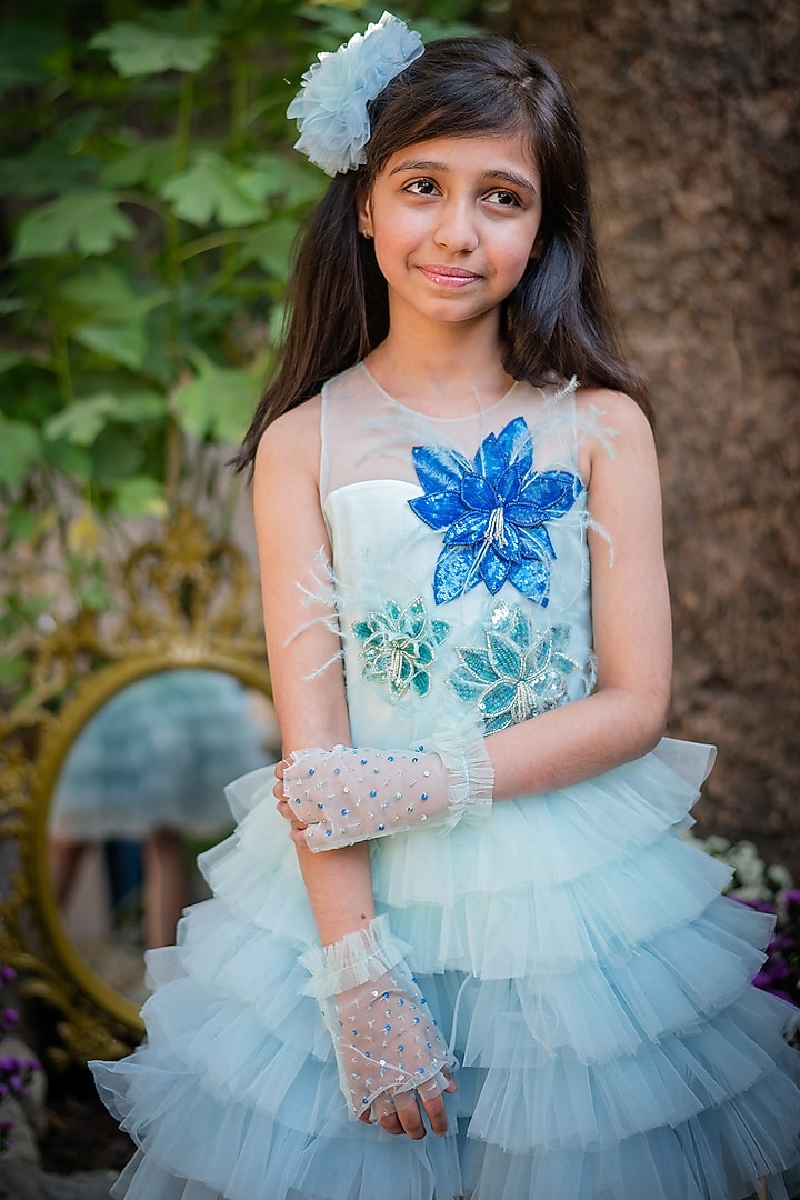 Blue Tulle Embroidered Layered Dress For Girls by pa:paa at Pernia's Pop Up Shop