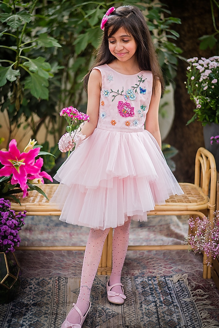 Pink Tulle Embroidered Asymmetrical Layered Dress For Girls by pa:paa