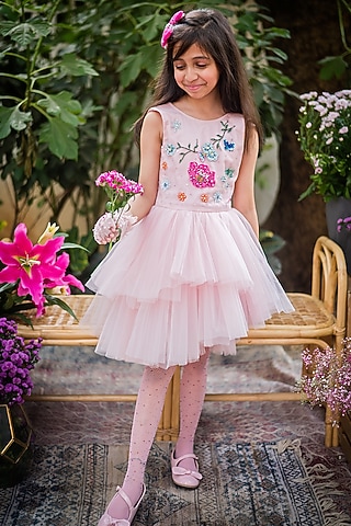 Pink Tulle Embroidered Asymmetrical Layered Dress For Girls by pa:paa