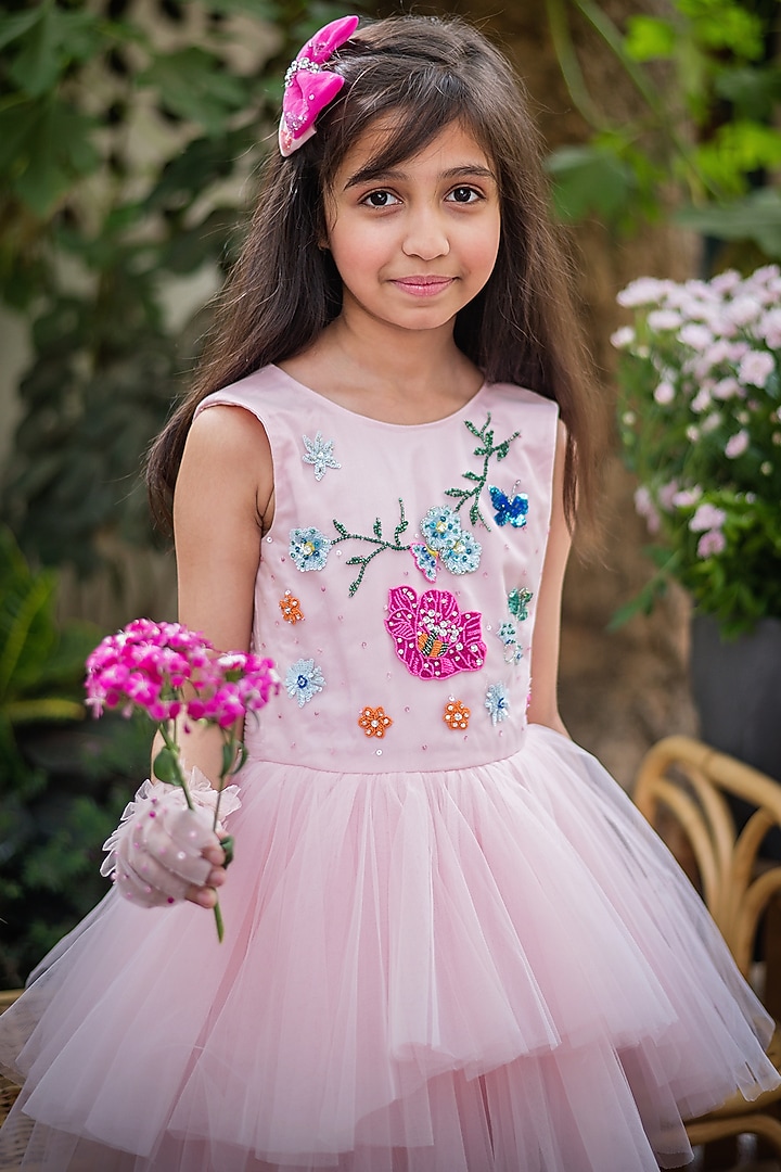 Pink Tulle Embroidered Asymmetrical Layered Dress For Girls by pa:paa at Pernia's Pop Up Shop