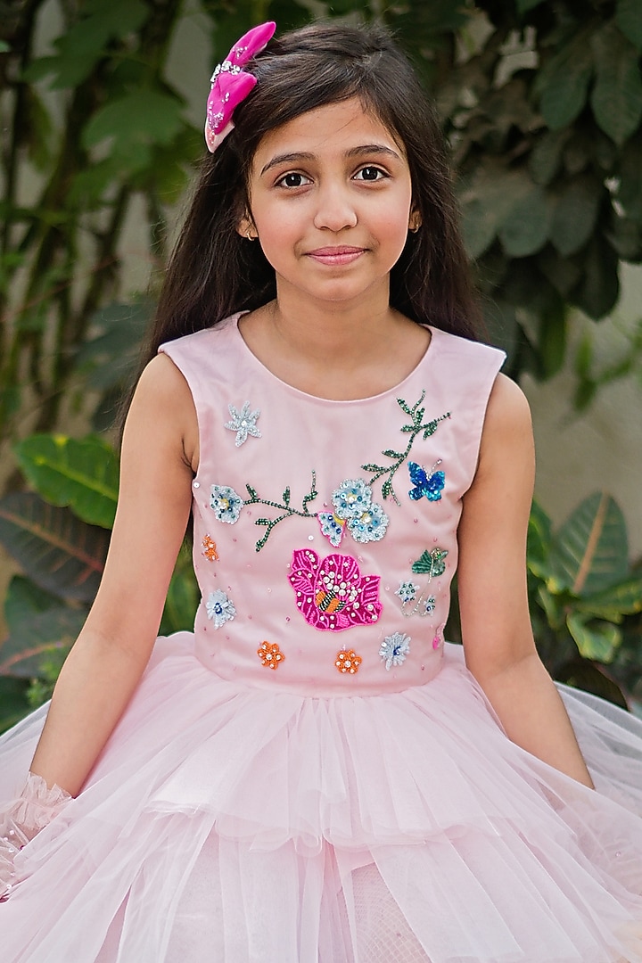 Pink Tulle Embroidered Asymmetrical Layered Dress For Girls by pa:paa at Pernia's Pop Up Shop