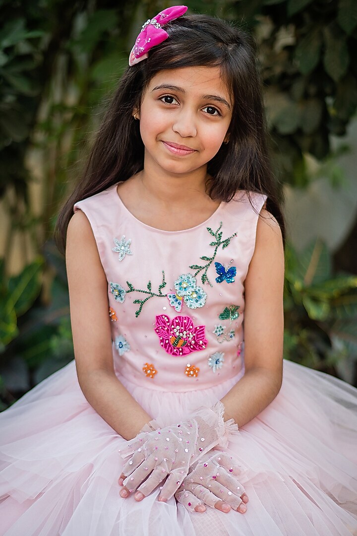 Pink Tulle Embroidered Asymmetrical Layered Dress For Girls by pa:paa at Pernia's Pop Up Shop