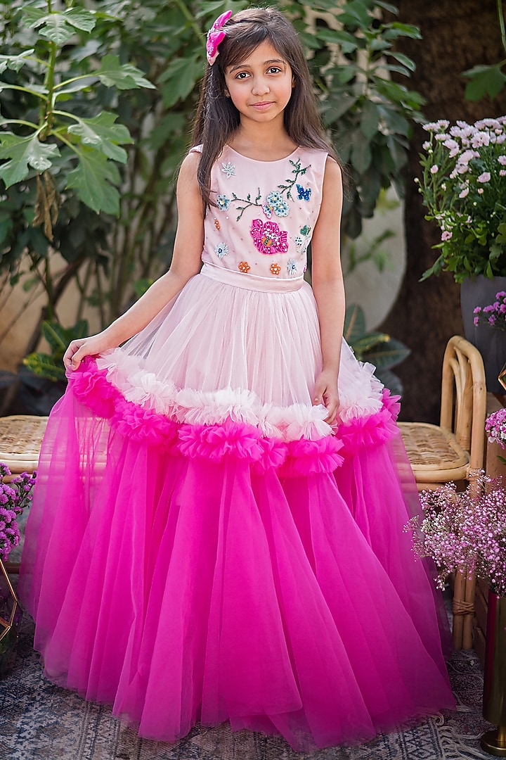Pink Shaded Organza Embroidered Flared Gown For Girls by pa:paa